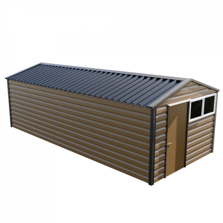 This Lifelong Apex is 10ft wide x 23ft long and is finished in Vandyke Brown colour. The door can be positioned on either the left or the right and can be hinged on either side. 