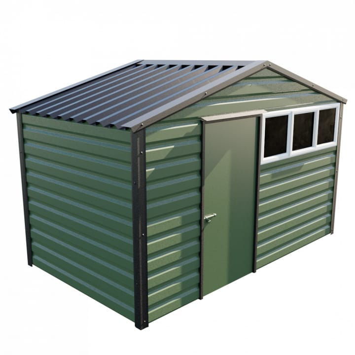 This Lifelong Apex is 12ft wide x 7ft long and is finished in Olive colour. The door can be positioned on either the left or the right and can be hinged on either side.
