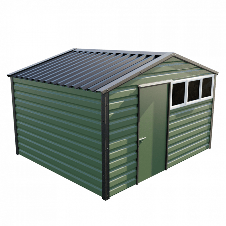 This Lifelong Apex is 12ft wide x 10ft long and is finished in Olive colour. The door can be positioned on either the left or the right and can be hinged on either side.