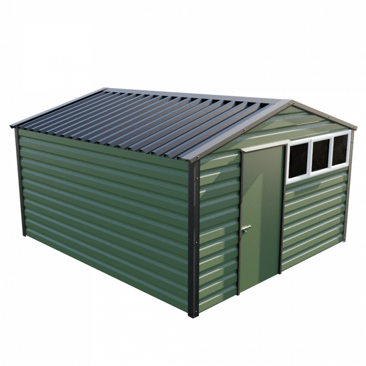 This Lifelong Apex is 12ft wide x 13ft long and is finished in Olive colour. The door can be positioned on either the left or the right and can be hinged on either side.