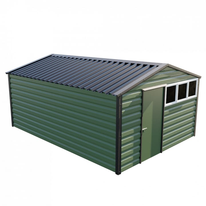This Lifelong Apex is 12ft wide x 17ft long and is finished in Olive colour. The door can be positioned on either the left or the right and can be hinged on either side.