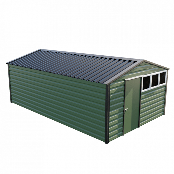 This Lifelong Apex is 12ft wide x 20ft long and is finished in Olive colour. The door can be positioned on either the left or the right and can be hinged on either side.