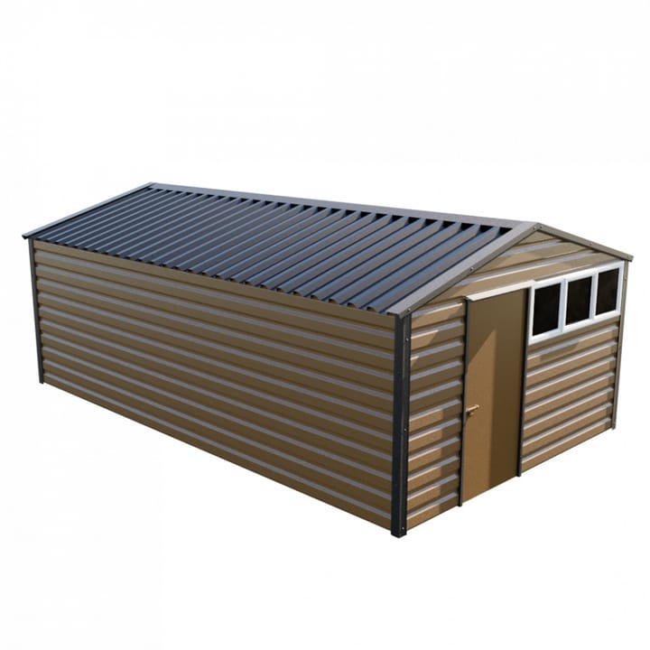 This Lifelong Apex is 12ft wide x 20ft long and is finished in Vandyke Brown colour. The door can be positioned on either the left or the right and can be hinged on either side. 