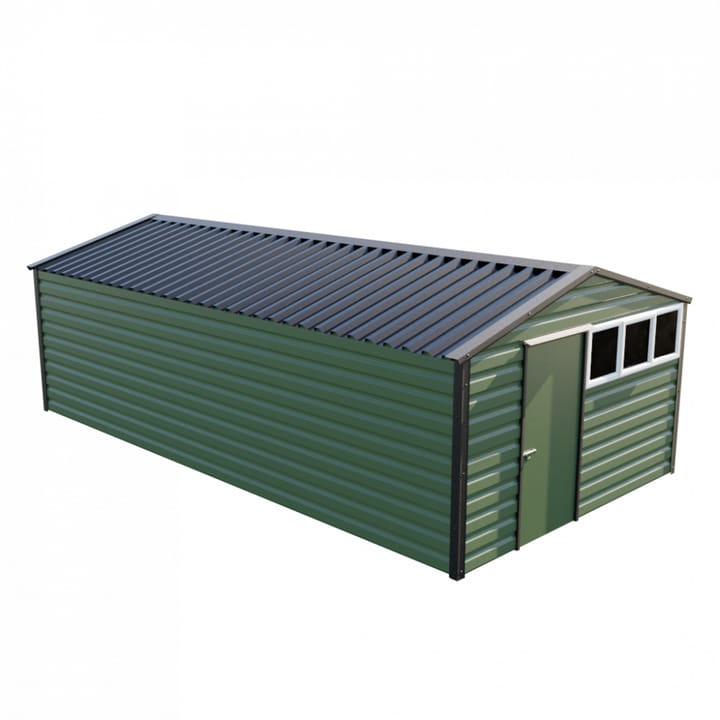 This Lifelong Apex is 12ft wide x 23ft long and is finished in Olive colour. The door can be positioned on either the left or the right and can be hinged on either side.