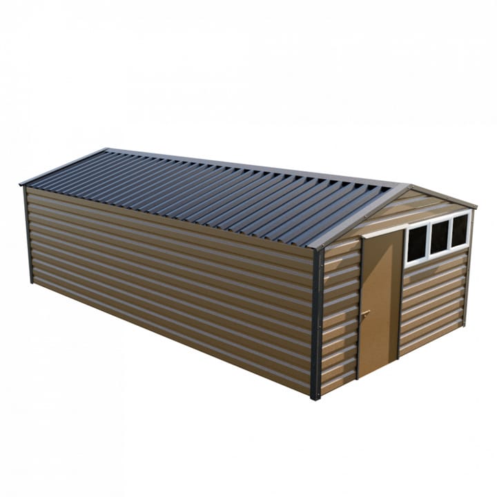 This Lifelong Apex is 12ft wide x 23ft long and is finished in Vandyke Brown colour. The door can be positioned on either the left or the right and can be hinged on either side. 