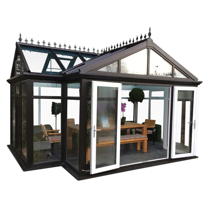 This 16ft 5in x 11ft 5in Oxfordshire Garden Room is finished in optional Black PVCu. Double opening doors, glass to ground glazing all-round and a polycarbonate roof are all standard features of the Oxfordshire. This Oxfordshire, has had the optional Deluxe glass roof upgrade and optional vinyl flooring.