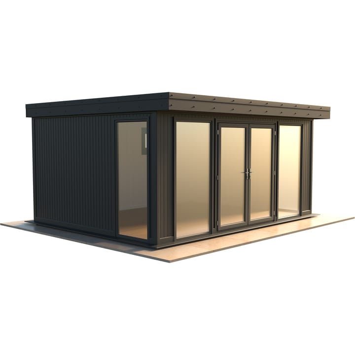Malvern Hanley 16ft x 12ft in optional Graphite Grey painted finish.

The Hanley features glass to ground double glazed windows and doors, an EPDM roof and 2 privacy vent windows to the rear. 

Optional MDF lining and insulation and laminate flooring are shown on this model.