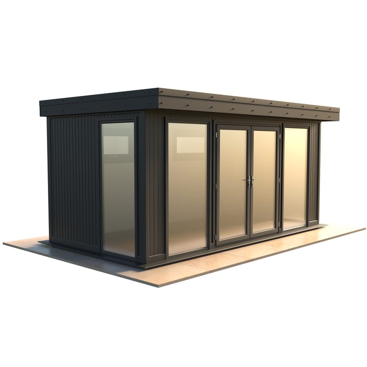 Malvern Hanley 16ft x 8ft in optional Graphite Grey painted finish.

The Hanley features glass to ground double glazed windows and doors, an EPDM roof and 2 privacy vent windows to the rear. 

Optional MDF lining and insulation and laminate flooring are shown on this model.