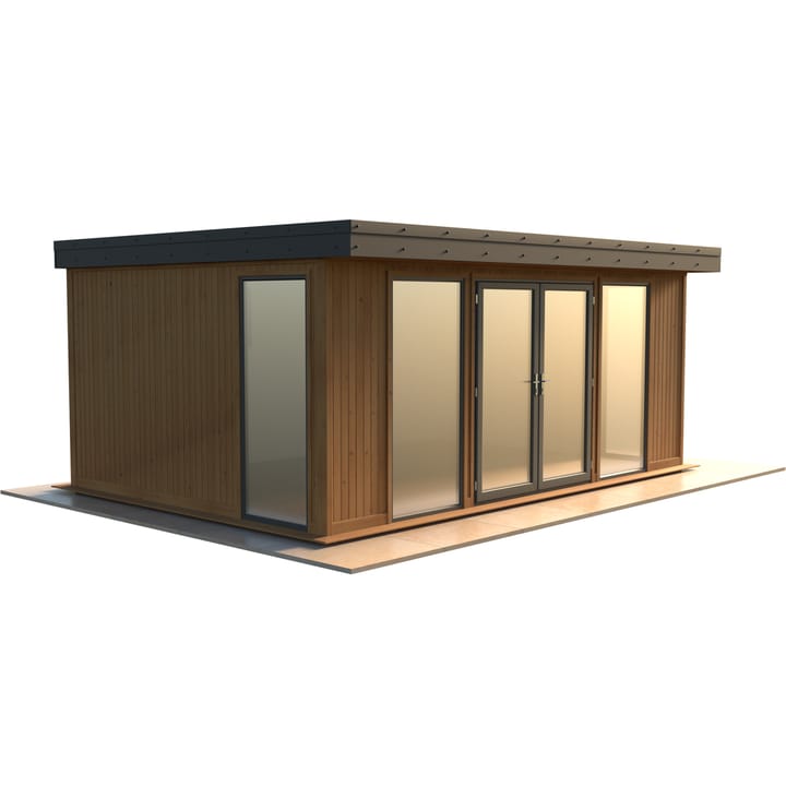 Malvern Hanley 18ft x 12ft in Redwood cladding.

The Hanley features glass to ground double glazed windows and doors, an EPDM roof and 2 privacy vent windows to the rear. 

Optional MDF lining and insulation and laminate flooring are shown on this model.