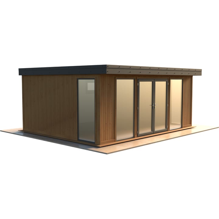 Malvern Hanley 18ft x 14ft in Redwood cladding.

The Hanley features glass to ground double glazed windows and doors, an EPDM roof and 2 privacy vent windows to the rear. 

Optional MDF lining and insulation and laminate flooring are shown on this model.