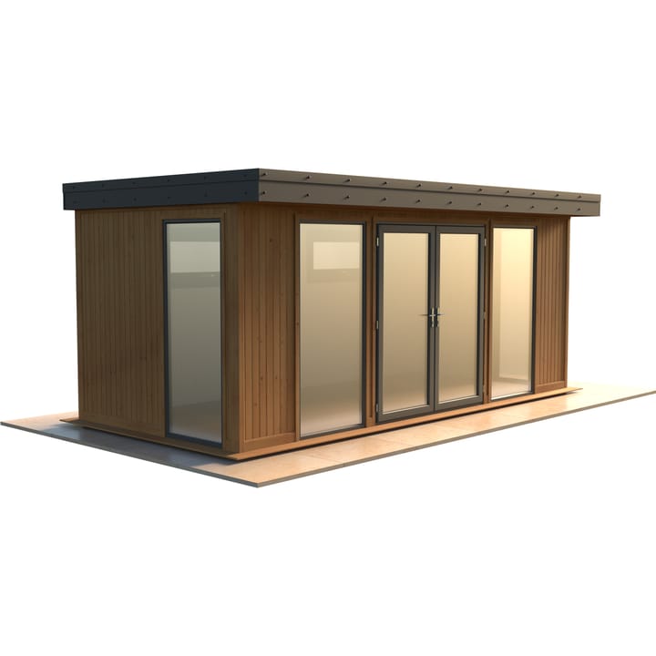 Malvern Hanley 18ft x 8ft in Redwood cladding.

The Hanley features glass to ground double glazed windows and doors, an EPDM roof and 2 privacy vent windows to the rear. 

Optional MDF lining and insulation and laminate flooring are shown on this model.