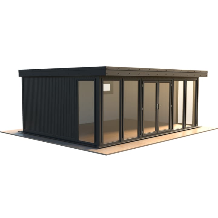 Malvern Hanley 20ft x 14ft in optional Graphite Grey painted finish.

The Hanley features glass to ground double glazed windows and doors, an EPDM roof and 2 privacy vent windows to the rear. 

Optional MDF lining and insulation and laminate flooring are shown on this model.