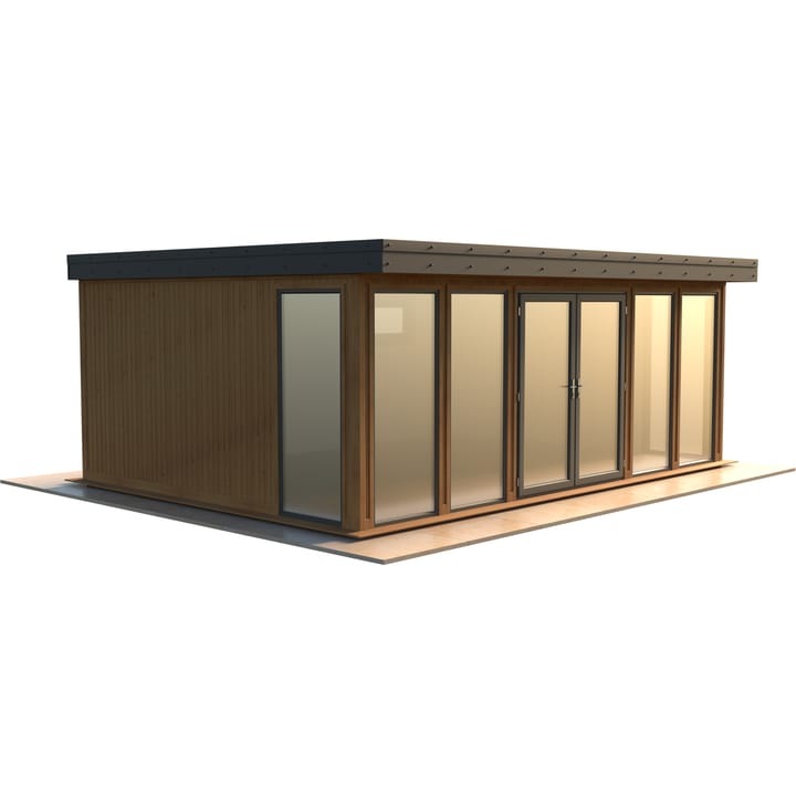Malvern Hanley 20ft x 14ft in Redwood cladding.

The Hanley features glass to ground double glazed windows and doors, an EPDM roof and 2 privacy vent windows to the rear. 

Optional MDF lining and insulation and laminate flooring are shown on this model.
