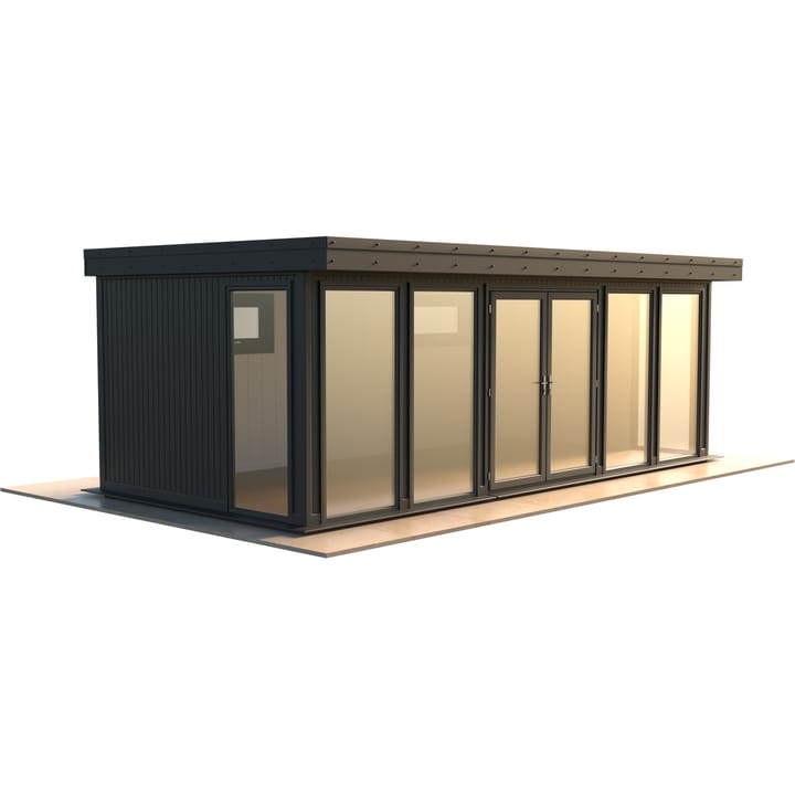 Malvern Hanley 22ft x 10ft in optional Graphite Grey painted finish.

The Hanley features glass to ground double glazed windows and doors, an EPDM roof and 2 privacy vent windows to the rear. 

Optional MDF lining and insulation and laminate flooring are shown on this model.