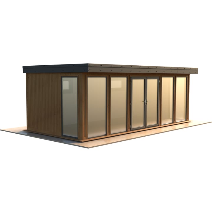 Malvern Hanley 22ft x 10ft in Redwood cladding.

The Hanley features glass to ground double glazed windows and doors, an EPDM roof and 2 privacy vent windows to the rear. 

Optional MDF lining and insulation and laminate flooring are shown on this model.