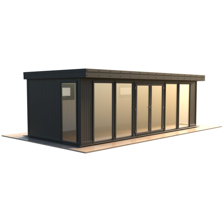 Malvern Hanley 24ft x 10ft in optional Graphite Grey painted finish.

The Hanley features glass to ground double glazed windows and doors, an EPDM roof and 2 privacy vent windows to the rear. 

Optional MDF lining and insulation and laminate flooring are shown on this model.