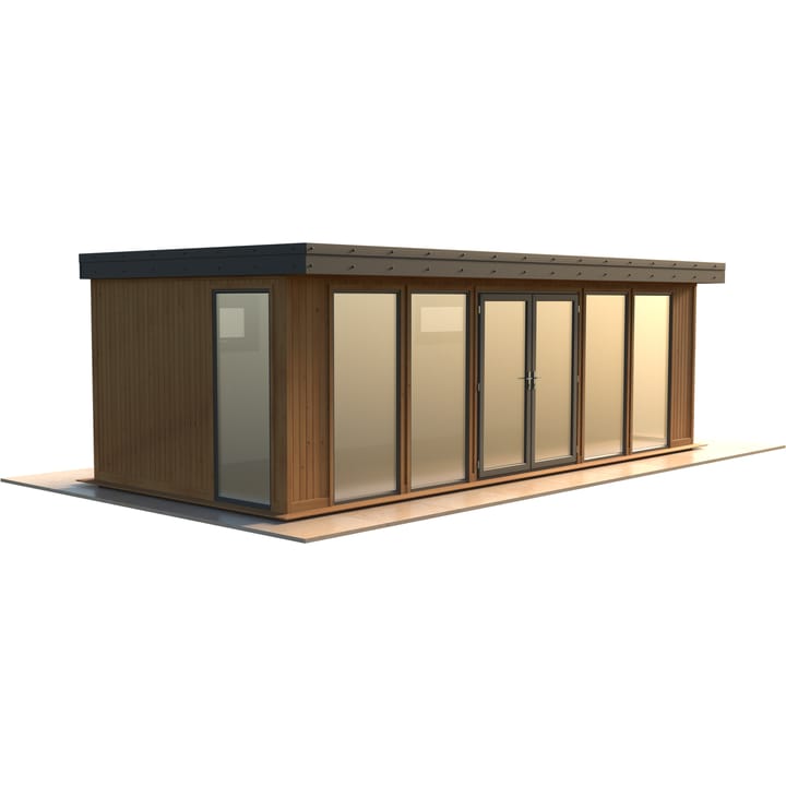 Malvern Hanley 24ft x 10ft in Redwood cladding.

The Hanley features glass to ground double glazed windows and doors, an EPDM roof and 2 privacy vent windows to the rear. 

Optional MDF lining and insulation and laminate flooring are shown on this model.