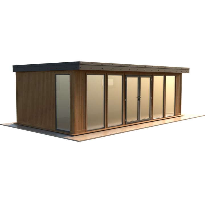 Malvern Hanley 24ft x 12ft in Redwood cladding.

The Hanley features glass to ground double glazed windows and doors, an EPDM roof and 2 privacy vent windows to the rear. 

Optional MDF lining and insulation and laminate flooring are shown on this model.