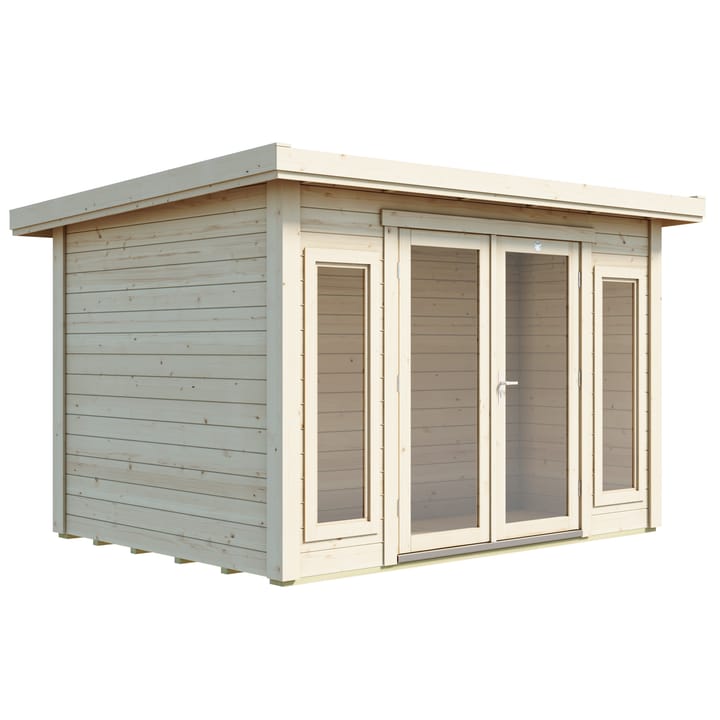The Lillevilla Pent Log Cabin is a stylish and practical addition to any outdoor space, with its sturdy 44mm thick pine log construction and energy-efficient double glazing. Measuring 3.3m by 2.5m, this cabin is perfectly sized for a variety of uses, from a home office to a cozy retreat. It's topped with a durable EPDM roof, ensuring it stands strong against the elements while providing a modern silhouette against any garden backdrop.