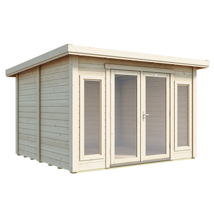 The Lillevilla Pent Log Cabin is a stylish and practical addition to any outdoor space, with its sturdy 44mm thick pine log construction and energy-efficient double glazing. Measuring 3.3m by 3m, this cabin is perfectly sized for a variety of uses, from a home office to a cozy retreat. It's topped with a durable EPDM roof, ensuring it stands strong against the elements while providing a modern silhouette against any garden backdrop.