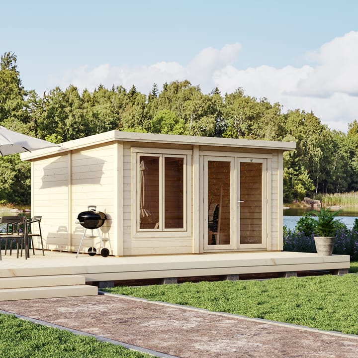The Lillevilla Pent Log Cabin is a stylish and practical addition to any outdoor space, with its sturdy 44mm thick pine log construction and energy-efficient double glazing. Measuring 4m by 3m, this cabin is perfectly sized for a variety of uses, from a home office to a cozy retreat. It's topped with a durable EPDM roof, ensuring it stands strong against the elements while providing a modern silhouette against any garden backdrop.