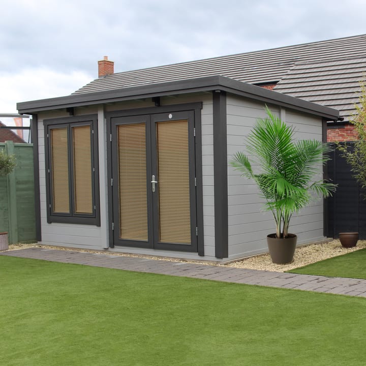 The Lillevilla Pent Log Cabin is a stylish and practical addition to any outdoor space, with its sturdy 44mm thick pine log construction and energy-efficient double glazing. Measuring 4m by 4m, this cabin is perfectly sized for a variety of uses, from a home office to a cozy retreat. It's topped with a durable EPDM roof, ensuring it stands strong against the elements while providing a modern silhouette against any garden backdrop.