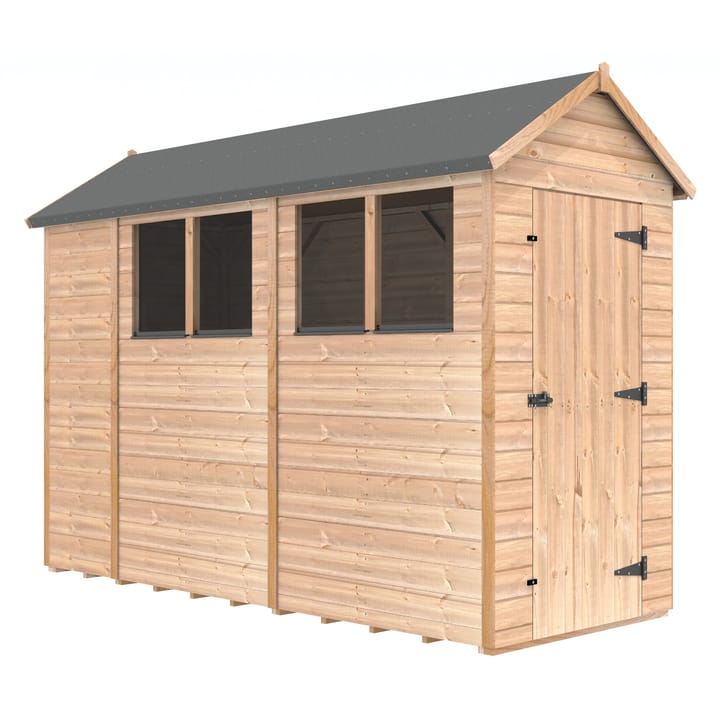 The Shedfast Apex shed is available in a range of sizes to suit all. 
Pictured here is the 4ft x 10ft model. The interchangeable windows and doors mean they can be positioned in any combination to suit your needs. The door is positioned in the gable end of this shed, but can easily be fitted to the side.

Black roofing felt is supplied as standard and the double pane windows are toughened safety glass with a pvc bottom cill.