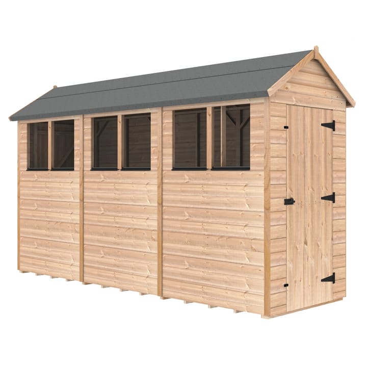 The Shedfast Apex shed is available in a range of sizes to suit all. 
Pictured here is the 4ft x 12ft model. The interchangeable windows and doors mean they can be positioned in any combination to suit your needs. The door is positioned in the gable end of this shed, but can easily be fitted to the side.

Black roofing felt is supplied as standard and the double pane windows are toughened safety glass with a pvc bottom cill.