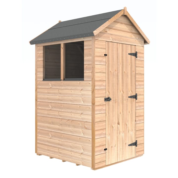 The Shedfast Apex shed is available in a range of sizes to suit all. 
Pictured here is the 4ft x 4ft model. The interchangeable windows and doors mean they can be positioned in any combination to suit your needs. The door is positioned in the gable end of this shed, but can easily be fitted to the side.

Black roofing felt is supplied as standard and the double pane windows are toughened safety glass with a pvc bottom cill.