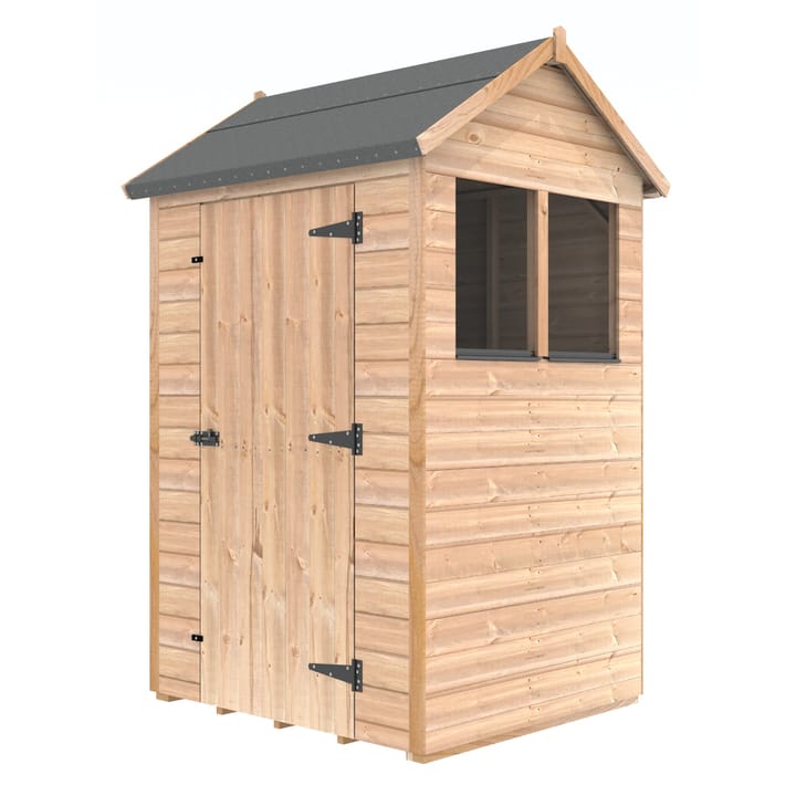 The Shedfast Apex shed is available in a range of sizes to suit all. 
Pictured here is the 4ft x 4ft model. The interchangeable windows and doors mean they can be positioned in any combination to suit your needs. The door is positioned on the side of this shed, but can easily be fitted in the gable end.

Black roofing felt is supplied as standard and the double pane windows are toughened safety glass with a pvc bottom cill.