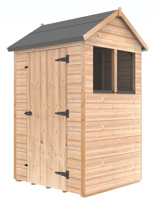 The Shedfast Apex shed is available in a range of sizes to suit all. 
Pictured here is the 4ft x 4ft model. The interchangeable windows and doors mean they can be positioned in any combination to suit your needs. The door is positioned on the side of this shed, but can easily be fitted in the gable end.

Black roofing felt is supplied as standard and the double pane windows are toughened safety glass with a pvc bottom cill.
