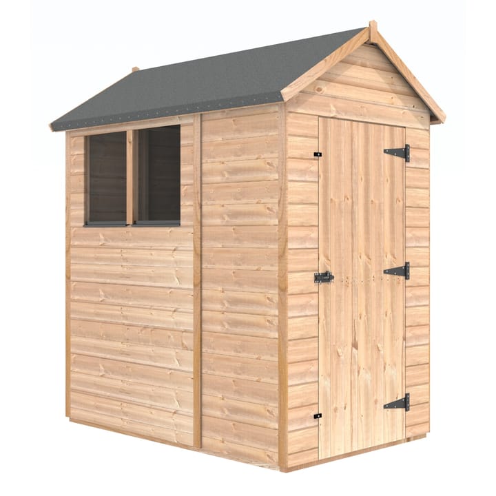 The Shedfast Apex shed is available in a range of sizes to suit all. 
Pictured here is the 4ft x 6ft model. The interchangeable windows and doors mean they can be positioned in any combination to suit your needs. The door is positioned in the gable end of this shed, but can easily be fitted to the side.

Black roofing felt is supplied as standard and the double pane windows are toughened safety glass with a pvc bottom cill.