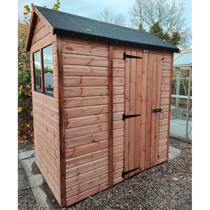 The Shedfast Apex shed is available in a range of sizes to suit all. 
Pictured here is the 4ft x 6ft model. The interchangeable windows and doors mean they can be positioned in any combination to suit your needs. The door is positioned on the side of the shed, but can easily be fitted to the gable end.

Black roofing felt is supplied as standard and the double pane windows are toughened safety glass with a pvc bottom cill.