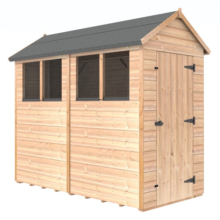 The Shedfast Apex shed is available in a range of sizes to suit all. 
Pictured here is the 4ft x 8ft model. The interchangeable windows and doors mean they can be positioned in any combination to suit your needs. The door is positioned in the gable end of this shed, but can easily be fitted to the side.

Black roofing felt is supplied as standard and the double pane windows are toughened safety glass with a pvc bottom cill.