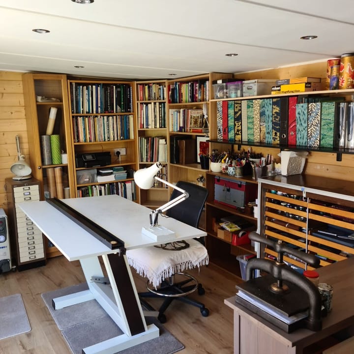 The uses of a Lillevilla Log Cabin are plentifold. Here this customer has used their 5.2m x 2.5m cabin as a writers' office, comlete with a library of books!