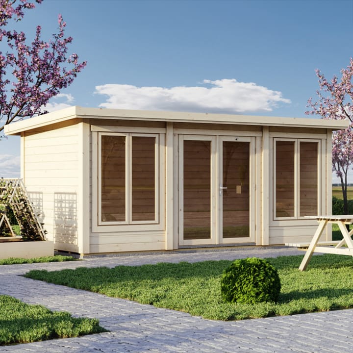 The Lillevilla Pent Log Cabin is a stylish and practical addition to any outdoor space, with its sturdy 44mm thick pine log construction and energy-efficient double glazing. Measuring 5.2m by 2.5m, this cabin is perfectly sized for a variety of uses, from a home office to a cozy retreat. It's topped with a durable EPDM roof, ensuring it stands strong against the elements while providing a modern silhouette against any garden backdrop.