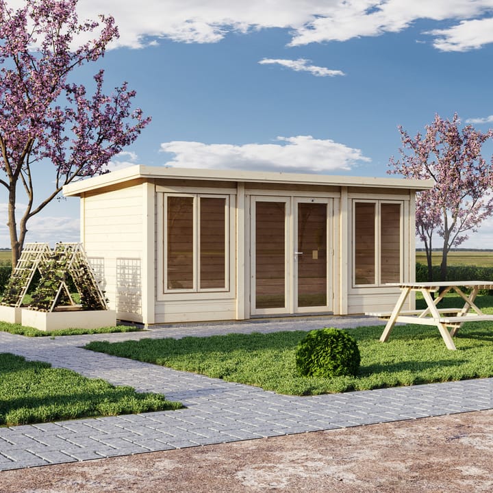The Lillevilla Pent Log Cabin is a stylish and practical addition to any outdoor space, with its sturdy 44mm thick pine log construction and energy-efficient double glazing. Measuring 5.2m by 3m, this cabin is perfectly sized for a variety of uses, from a home office to a cozy retreat. It's topped with a durable EPDM roof, ensuring it stands strong against the elements while providing a modern silhouette against any garden backdrop.
