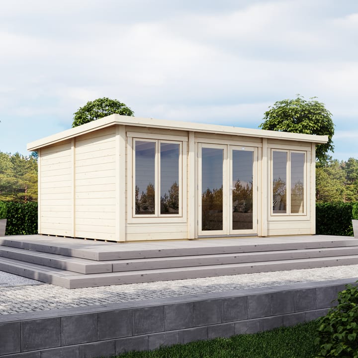 The Lillevilla Pent Log Cabin is a stylish and practical addition to any outdoor space, with its sturdy 44mm thick pine log construction and energy-efficient double glazing. Measuring 5.2m by 4m, this cabin is perfectly sized for a variety of uses, from a home office to a cozy retreat. It's topped with a durable EPDM roof, ensuring it stands strong against the elements while providing a modern silhouette against any garden backdrop.