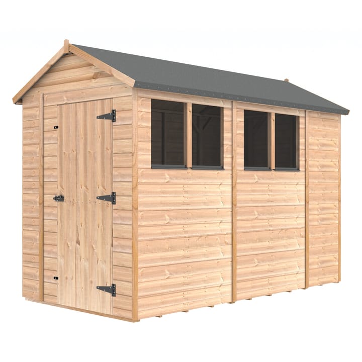The Shedfast Apex shed is available in a range of sizes to suit all. 
Pictured here is the 5ft x 10ft model. The interchangeable windows and doors mean they can be positioned in any combination to suit your needs. The door is positioned in the gable end of this shed, but can easily be fitted to the side.

Black roofing felt is supplied as standard and the double pane windows are toughened safety glass with a pvc bottom cill.