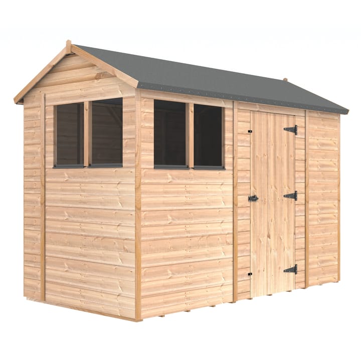 The Shedfast Apex shed is available in a range of sizes to suit all. 
Pictured here is the 5ft x 10ft model. The interchangeable windows and doors mean they can be positioned in any combination to suit your needs. The door is positioned in the side of this shed, but can easily be fitted to the gable end.

Black roofing felt is supplied as standard and the double pane windows are toughened safety glass with a pvc bottom cill.