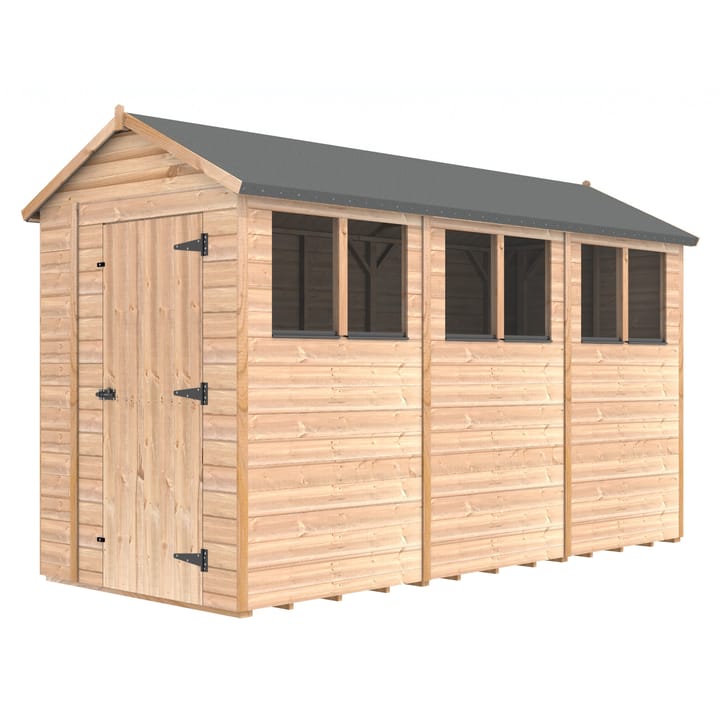 The Shedfast Apex shed is available in a range of sizes to suit all. 
Pictured here is the 5ft x 12ft model. The interchangeable windows and doors mean they can be positioned in any combination to suit your needs. The door is positioned in the gable end of this shed, but can easily be fitted to the side.

Black roofing felt is supplied as standard and the double pane windows are toughened safety glass with a pvc bottom cill.
