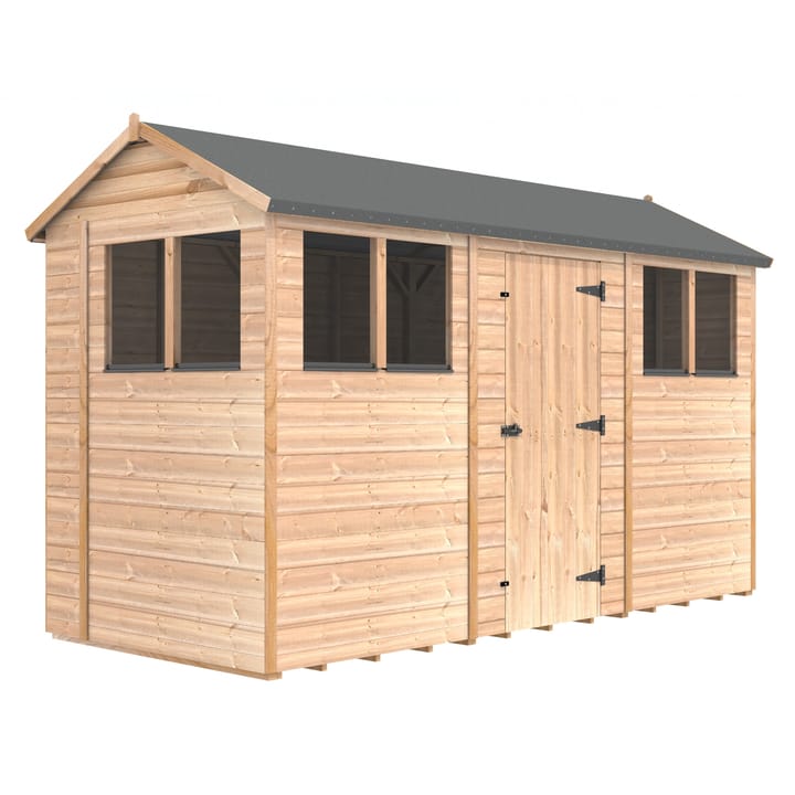 The Shedfast Apex shed is available in a range of sizes to suit all. 
Pictured here is the 5ft x 12ft model. The interchangeable windows and doors mean they can be positioned in any combination to suit your needs. The door is positioned in the side of this shed, but can easily be fitted to the gable end.

Black roofing felt is supplied as standard and the double pane windows are toughened safety glass with a pvc bottom cill.