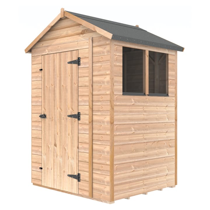 The Shedfast Apex shed is available in a range of sizes to suit all. 
Pictured here is the 5ft x 4ft model. The interchangeable windows and doors mean they can be positioned in any combination to suit your needs. The door is positioned in the gable end of this shed, but can easily be fitted to the side.

Black roofing felt is supplied as standard and the double pane windows are toughened safety glass with a pvc bottom cill.