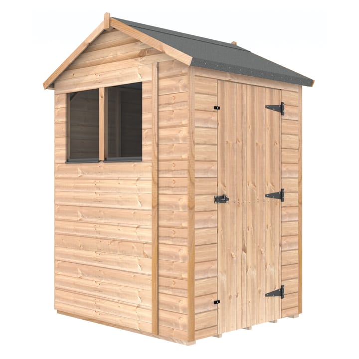 The Shedfast Apex shed is available in a range of sizes to suit all. 
Pictured here is the 5ft x 4ft model. The interchangeable windows and doors mean they can be positioned in any combination to suit your needs. The door is positioned in the side of this shed, but can easily be fitted to the gable end.

Black roofing felt is supplied as standard and the double pane windows are toughened safety glass with a pvc bottom cill.