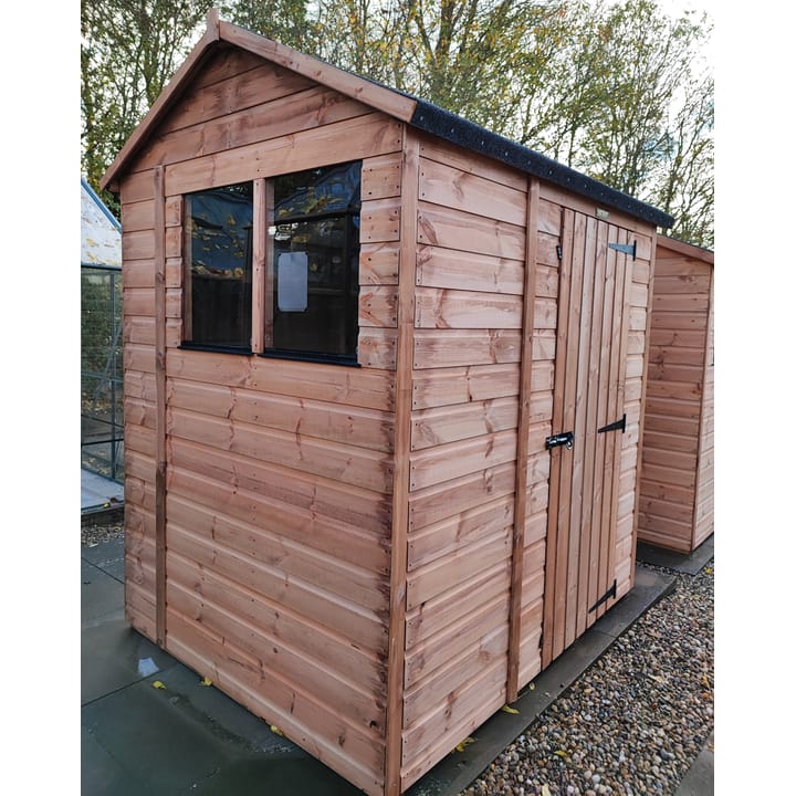 The Shedfast Apex shed is available in a range of sizes to suit all. 
Pictured here is the 5ft x 6ft model. The interchangeable windows and doors mean they can be positioned in any combination to suit your needs. The door is positioned in the gable end of this shed, but can easily be fitted to the side.

Black roofing felt is supplied as standard and the double pane windows are toughened safety glass with a pvc bottom cill.