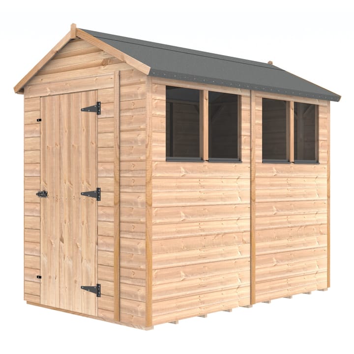 The Shedfast Apex shed is available in a range of sizes to suit all. 
Pictured here is the 5ft x 8ft model. The interchangeable windows and doors mean they can be positioned in any combination to suit your needs. The door is positioned in the gable end of this shed, but can easily be fitted to the side.

Black roofing felt is supplied as standard and the double pane windows are toughened safety glass with a pvc bottom cill.