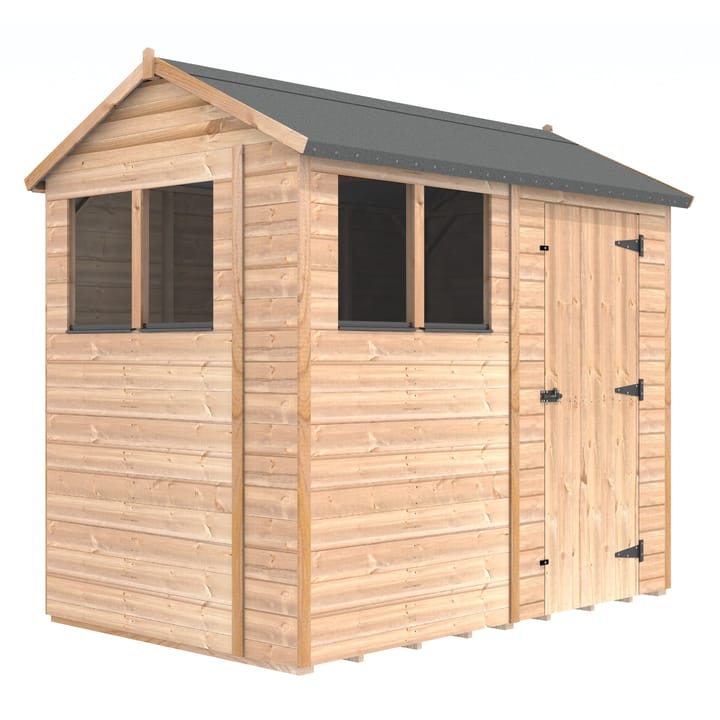 The Shedfast Apex shed is available in a range of sizes to suit all. 
Pictured here is the 5ft x 8ft model. The interchangeable windows and doors mean they can be positioned in any combination to suit your needs. The door is positioned in the side of this shed, but can easily be fitted to the gable end.

Black roofing felt is supplied as standard and the double pane windows are toughened safety glass with a pvc bottom cill.