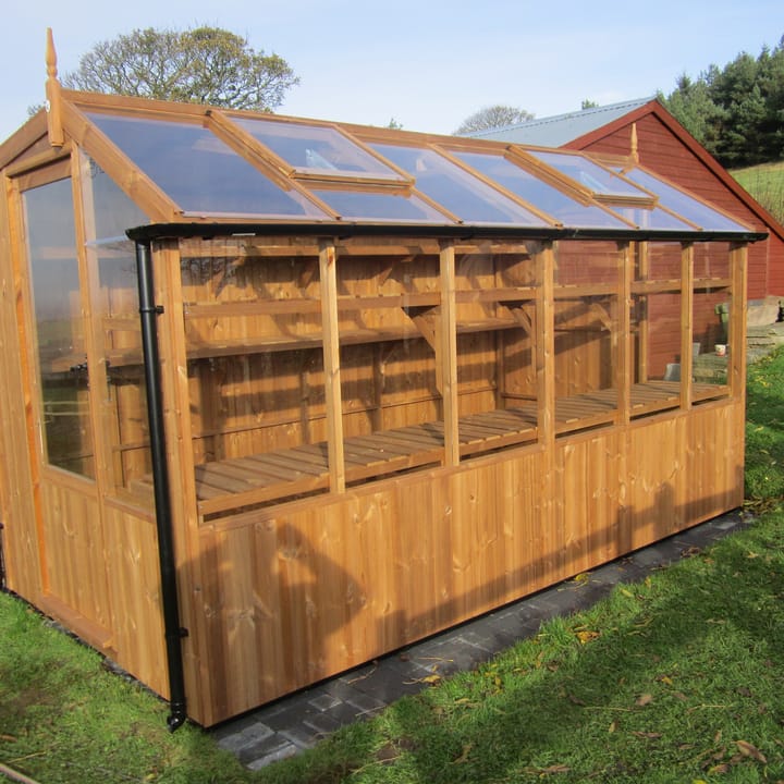 This 6ft x 12ft Swallow Jay greenhouse has the optional unpainted Thermowood finish. Optional additional high level shelving and guttering have been added to this greenhouse.