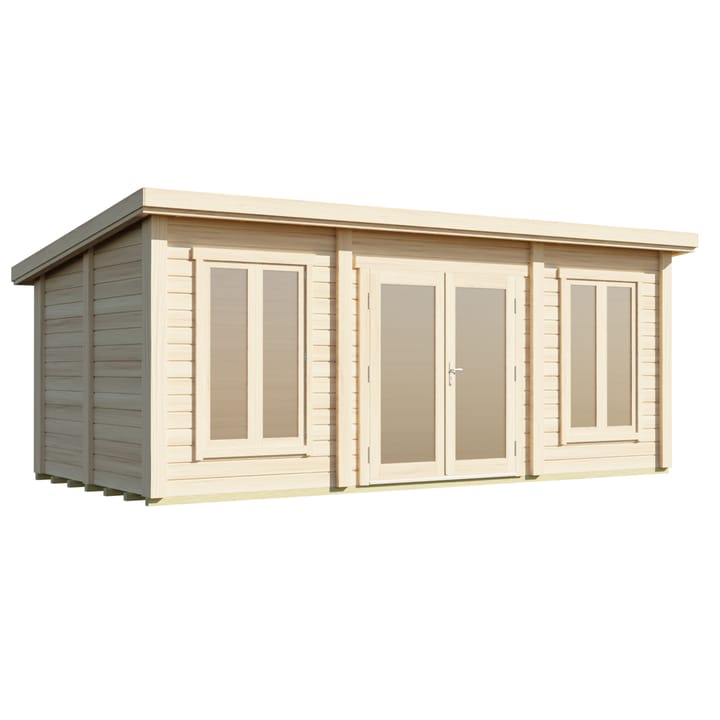 The Lillevilla Pent Log Cabin is a stylish and practical addition to any outdoor space, with its sturdy 44mm thick pine log construction and energy-efficient double glazing. Measuring 6m by 3m, this cabin is perfectly sized for a variety of uses, from a home office to a cozy retreat. It's topped with a durable EPDM roof, ensuring it stands strong against the elements while providing a modern silhouette against any garden backdrop.