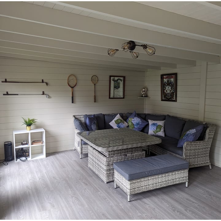 The uses of a Lillevilla Log Cabin are plentifold. Here this customer has used their 6.8m x 4.4m cabin as additional lounge/relaxation space